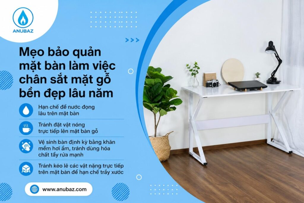bảo quản bàn làm việc chân sắt mặt gỗ